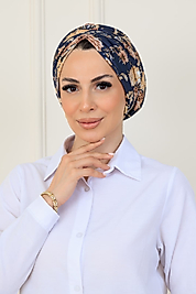 drapeli dolgulu desenli yaldızlı larcivert bone