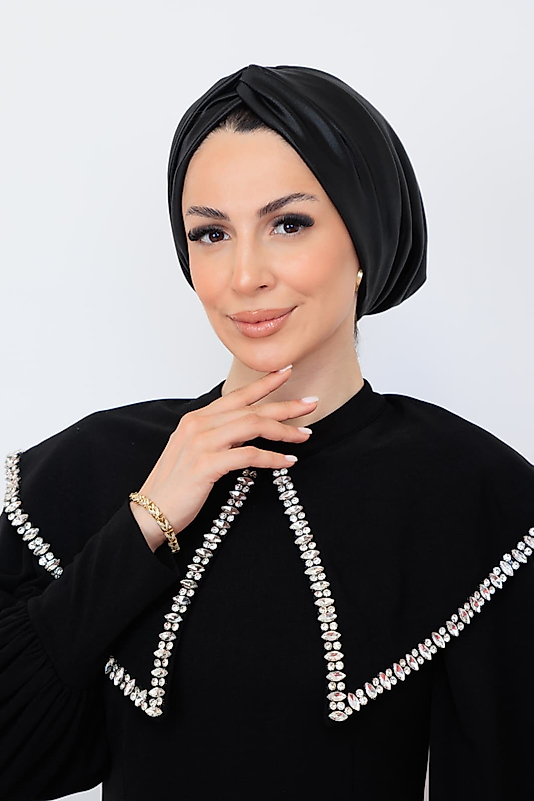 önü düğümlü dolgulu saten bone sıyah