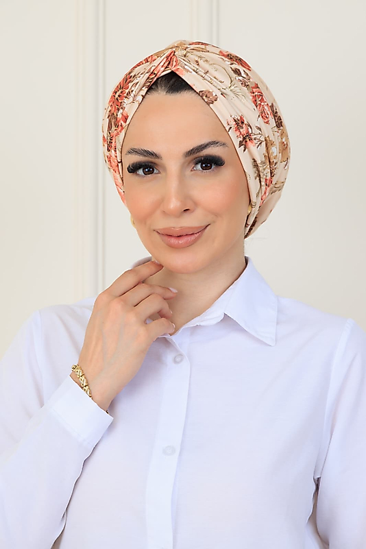 önü düğümlü dolgulu desenli yaldızlı krem bone