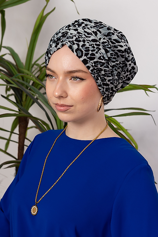 Drapeli Dolgulu Leopar Bone Mint ve Siyah